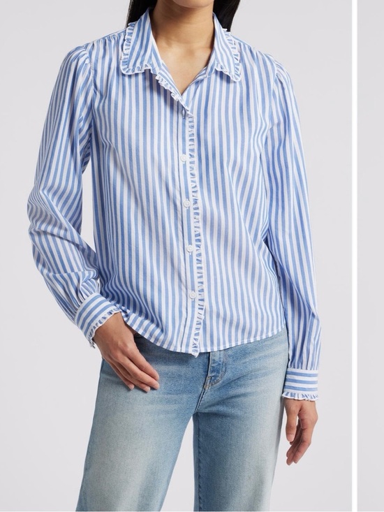 beachlunchlounge Tops - beachlunchlounge Blue & White Ciara Striped Ruffle-Trim Button Shirt XS